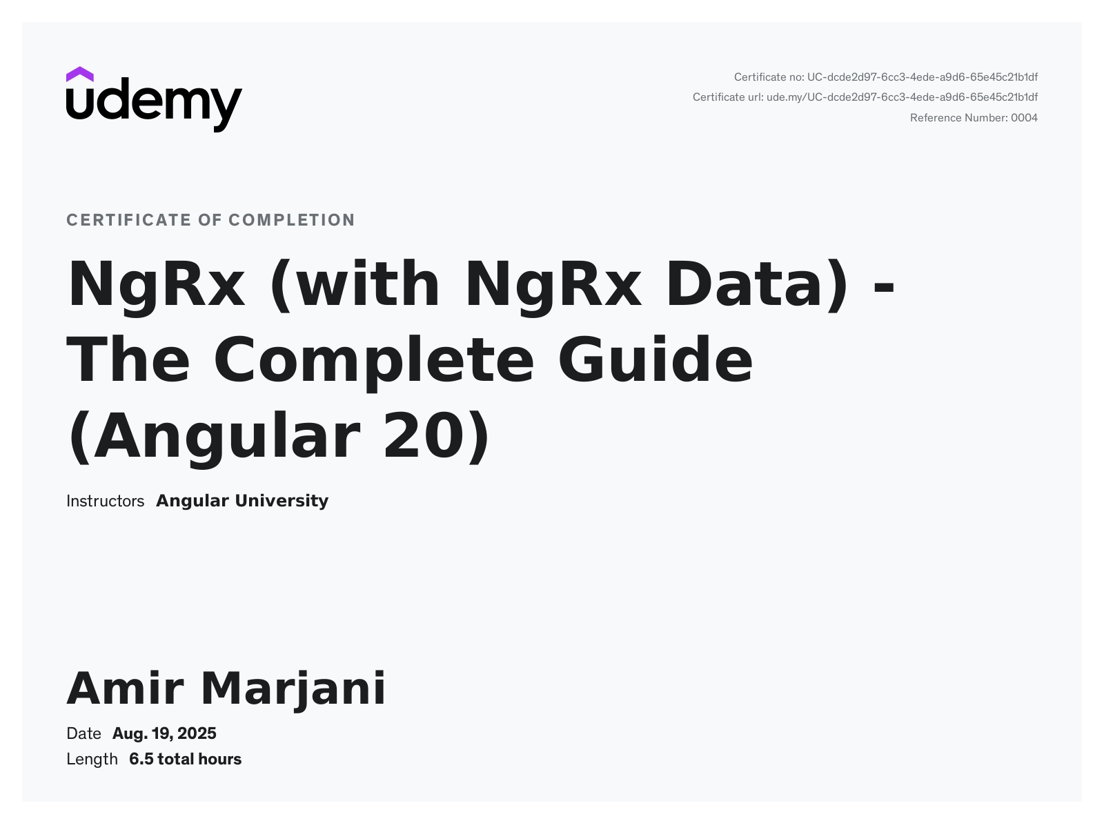 NgRx (with NgRx Data) - The Complete Guide (Angular 20) certificate